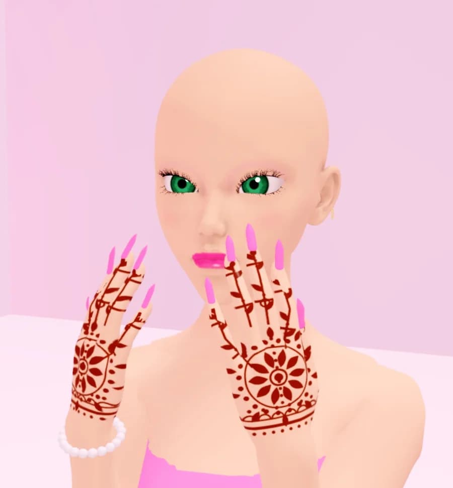 A Makeup Battle character posing with long pink nails, bridal henna and a pearl bracelet